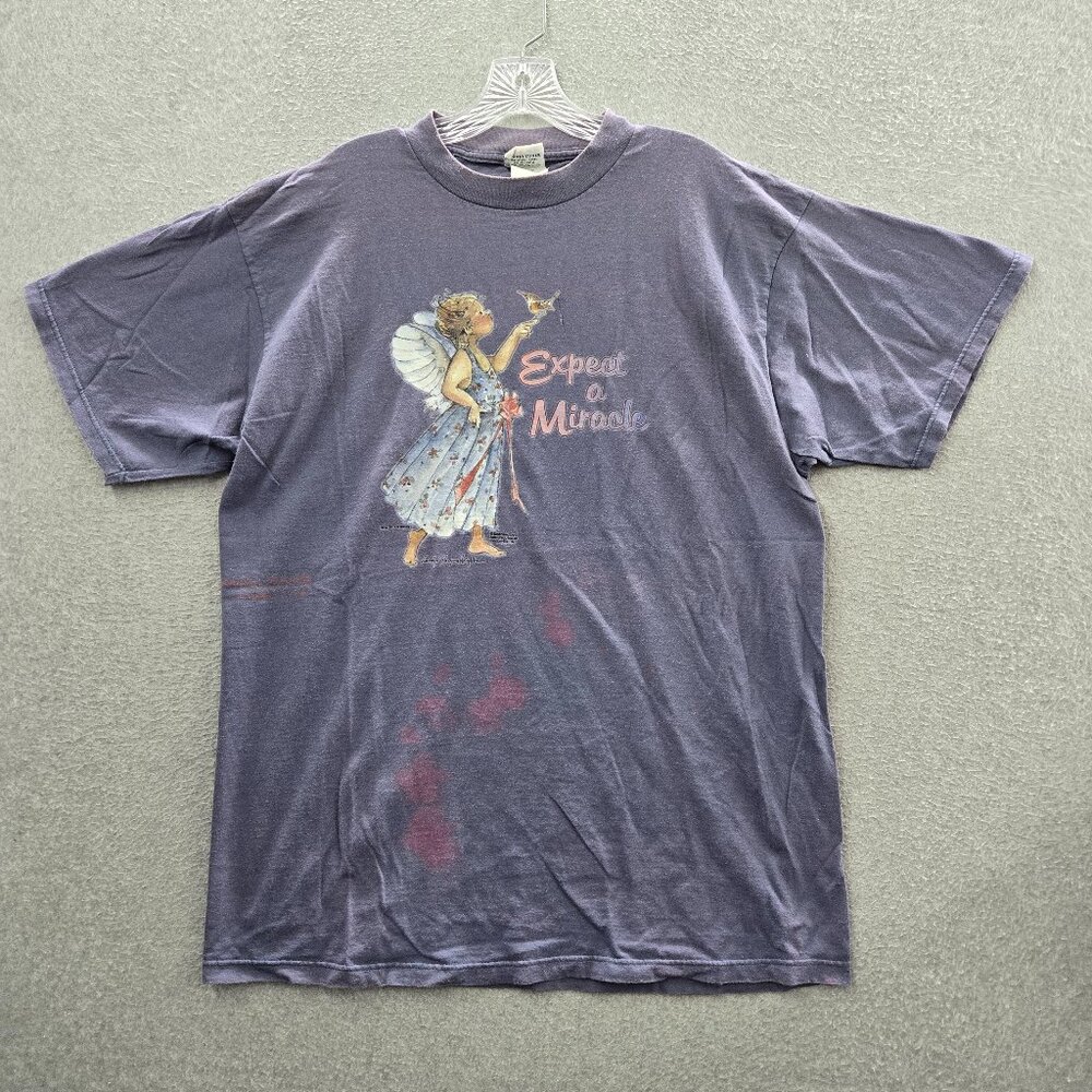 VINTAGE Fairy Angel‎ Women One Size Blue Expect A Miracle Graphic Tee READ
